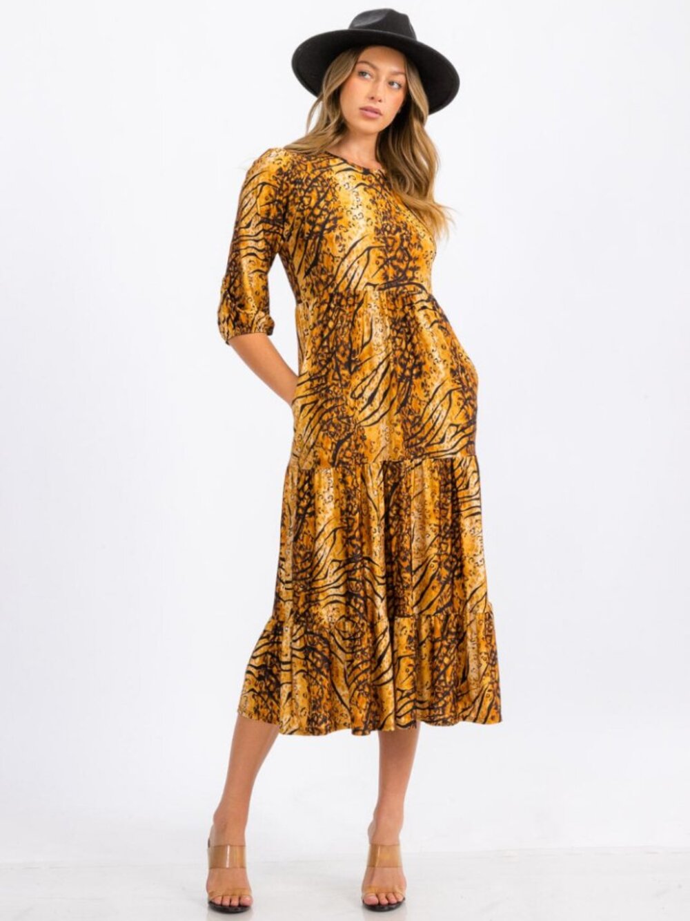 Women's 3/4 Sleeve Front Pockets Animal Print Tiered Midi Dress